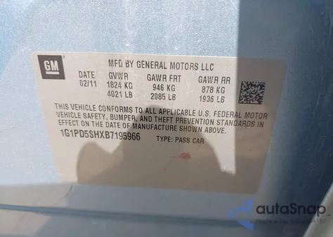 2011 Chevrolet Cruze Ls from USA, damaged, VIN 1G1PD5SHXB7195966